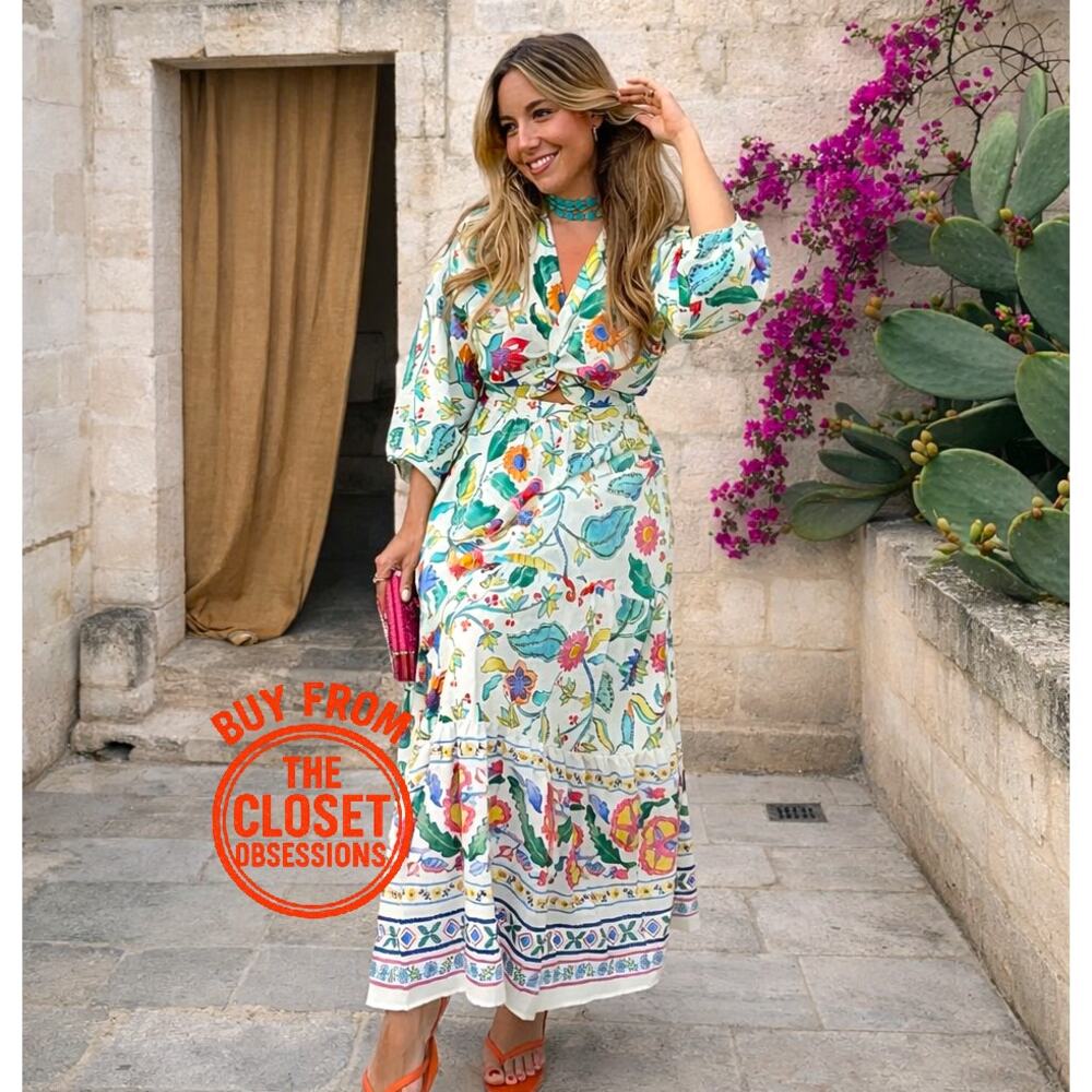 Zara Floral Linen Blend Boho Maxi Dress Cut Out Resort Vacation Size S NWT - Picture 4 of 16